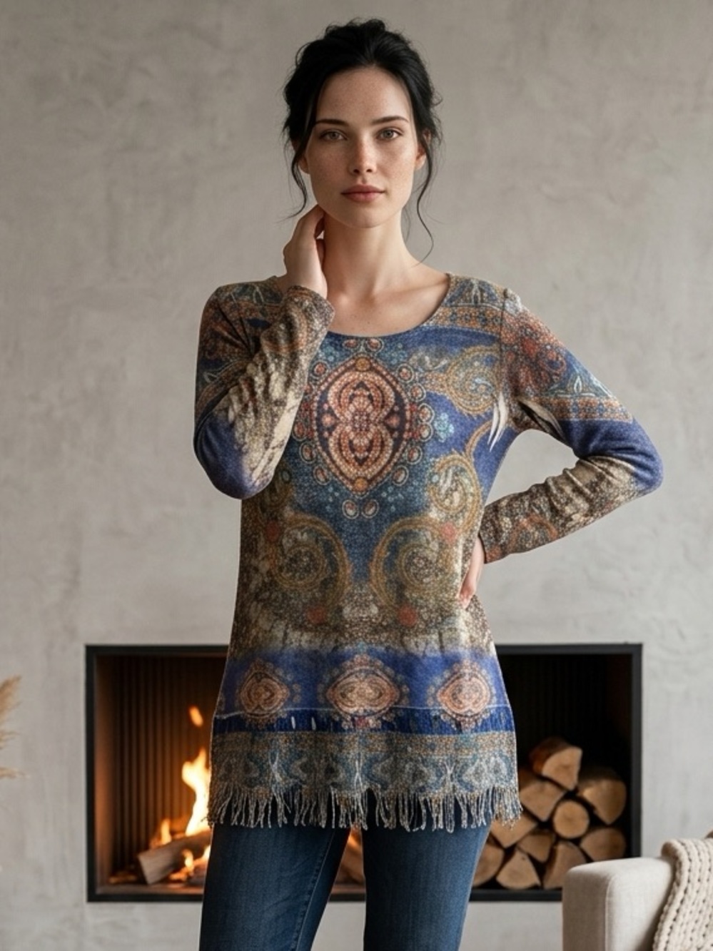Mushka by Sienna Rose Boho Paisley Tunic Fringe Hem Top Size S
